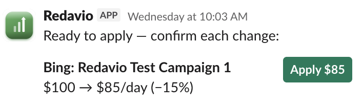 Redavio posting a budget recommendation in Slack, with an Apply button